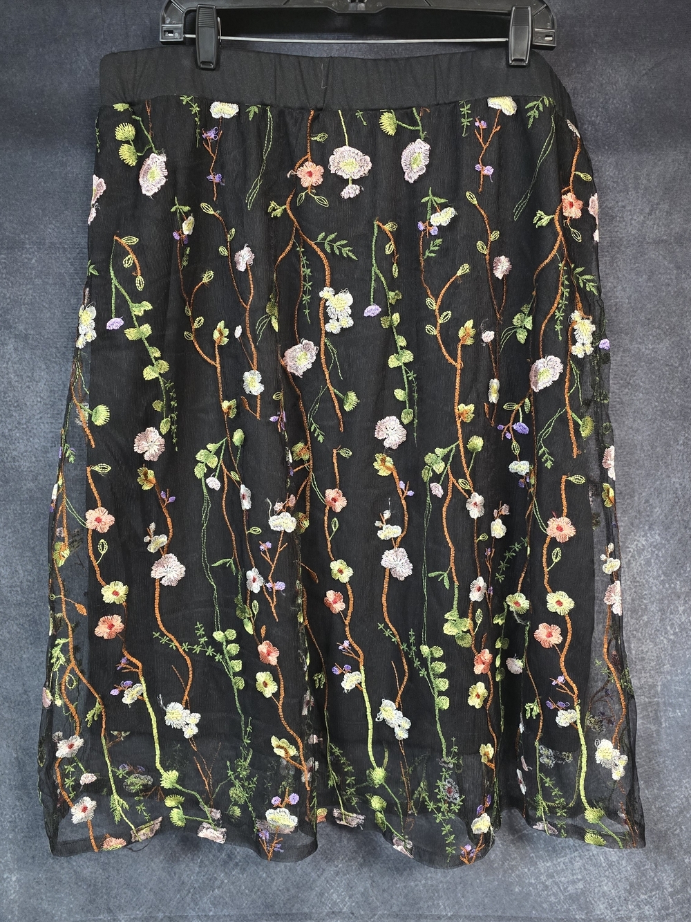 Spense Black A-Line Skirt with Multicolor Floral Embroidery